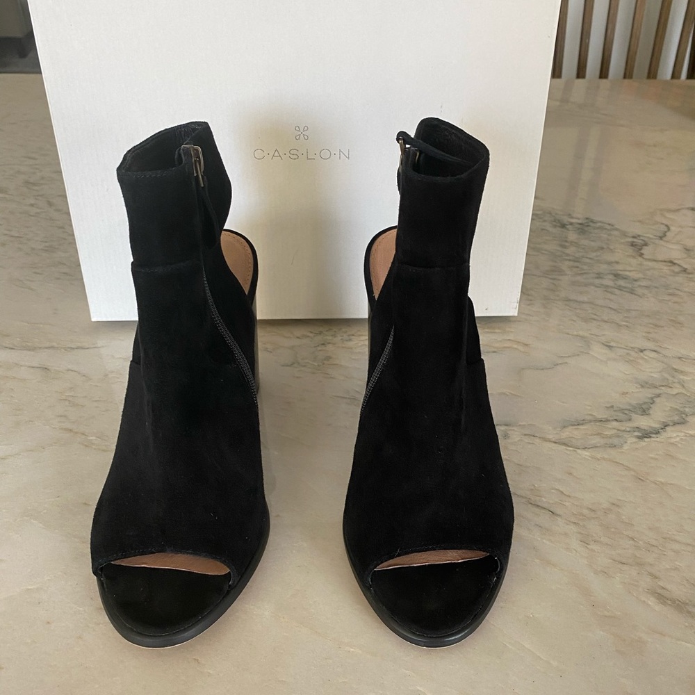 Caslon Black Suede Open Toe Booties
